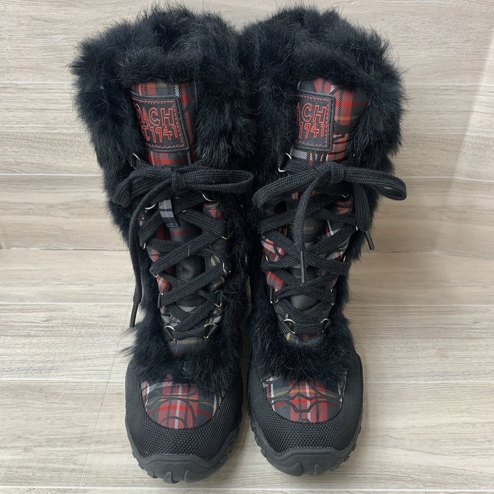Coach Jennie Fur Lace Winter Boots Black Red Plaid Women's Size 6.5B - Picture 3 of 9
